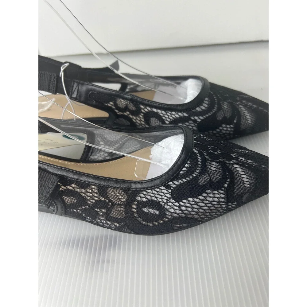A New Day Womens Black Lace Slingback Flats Pointed Toe Bow Detail‎ Size 9 NWT